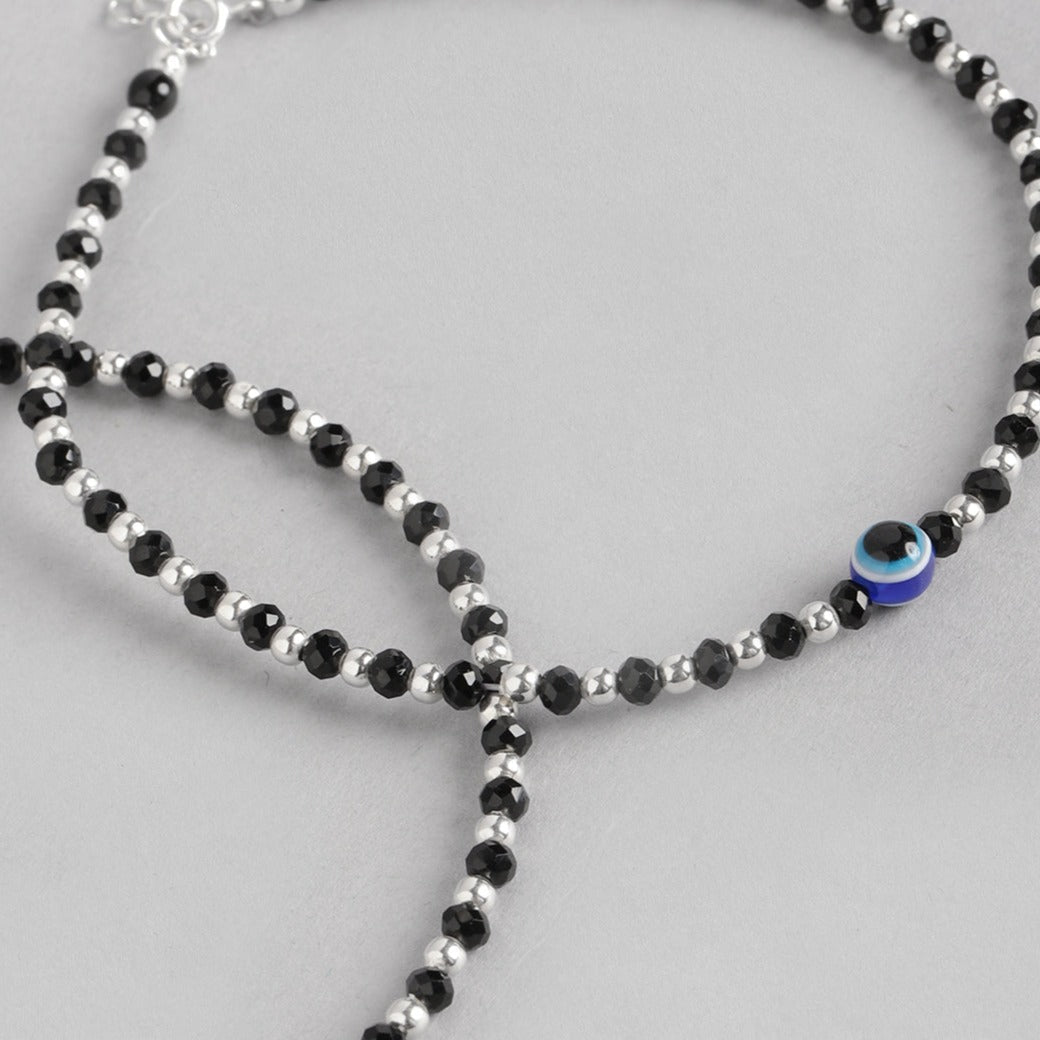 Pure silver Evil eye black beats anklet